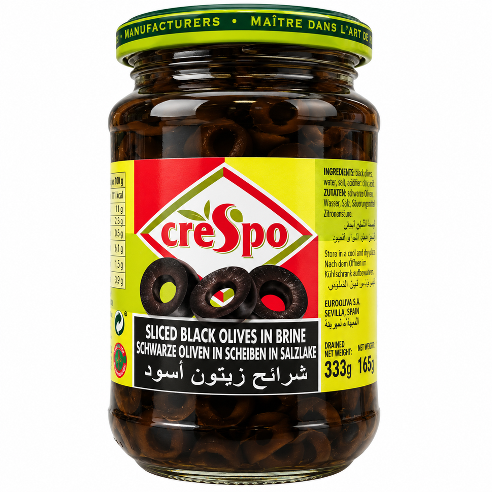 Olives Crespo 165G/333G Black Laminated.