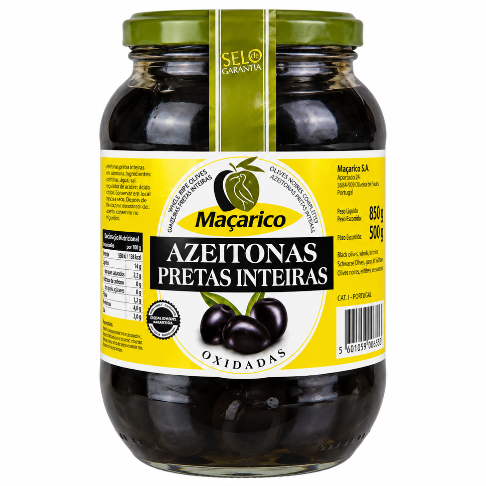 Azeitonas Macarico 520G/850G Pretas Inteiras.
