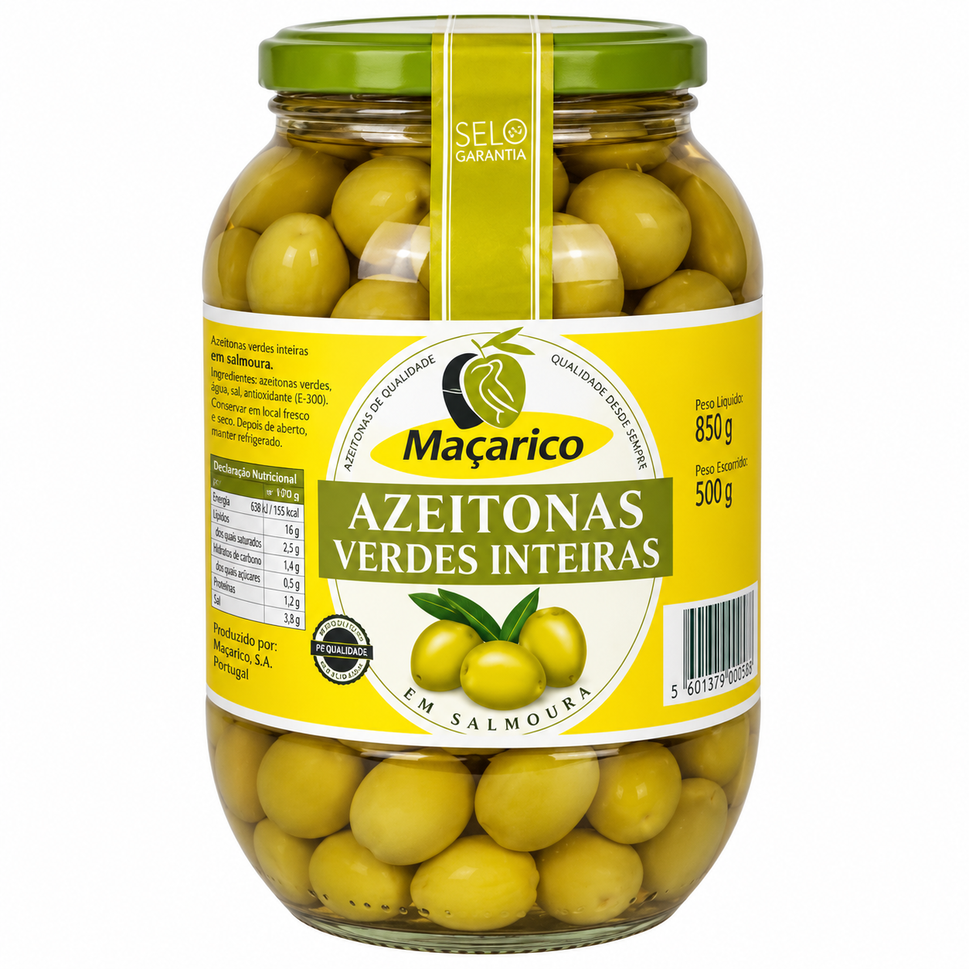 Azeitonas Macarico 520G/850G Verdes Inteiras.
